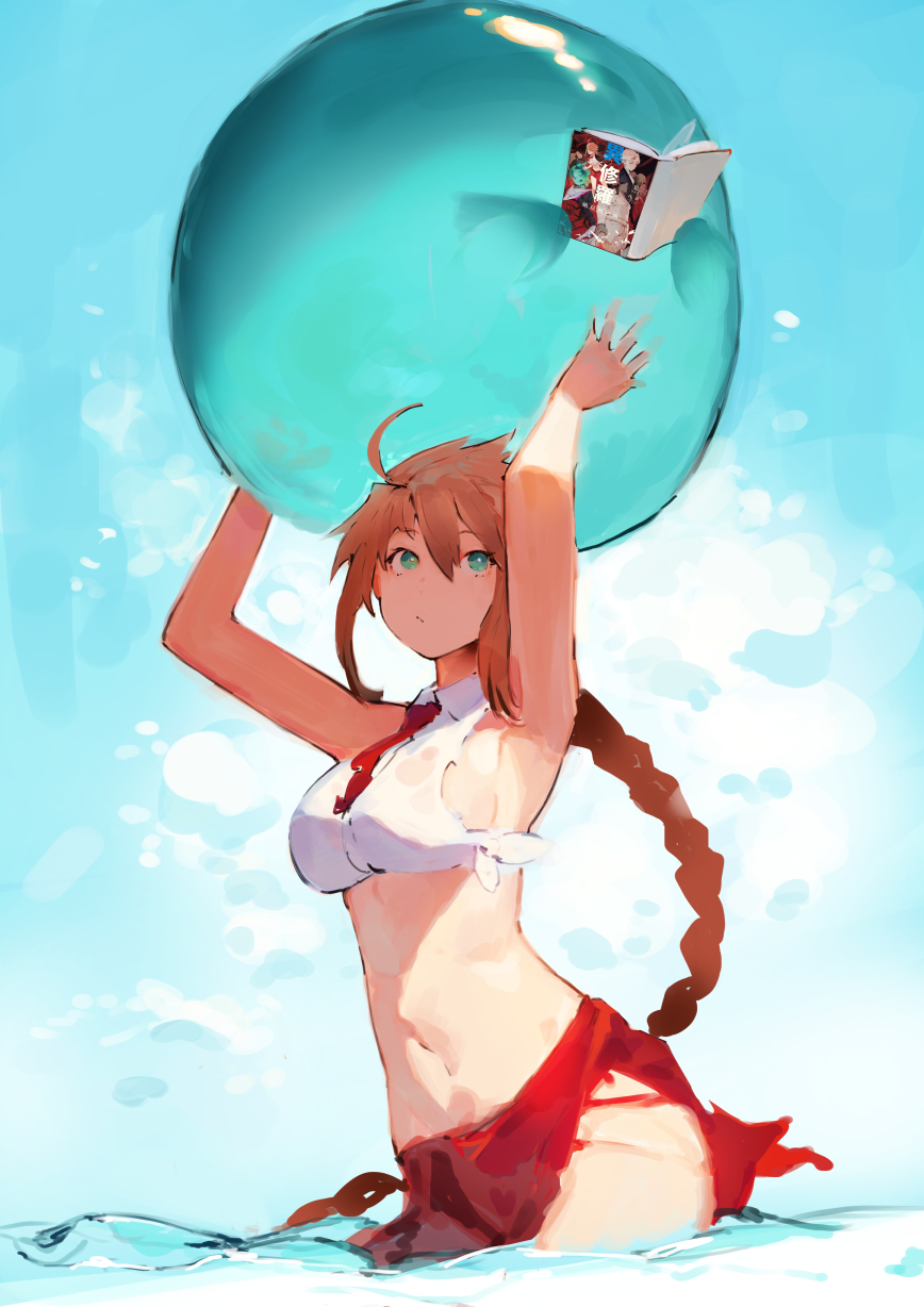 1boy 1girl ahoge book breasts fantasy green_eyes highres holding holding_book in_water ishura kureta_(nikogori) necktie official_art open_book orange_hair ponytail psianop_the_inexhaustible_stagnation reading shirt sideboob skirt slime_(creature) textless_version torn_clothes tu_the_magic water white_shirt