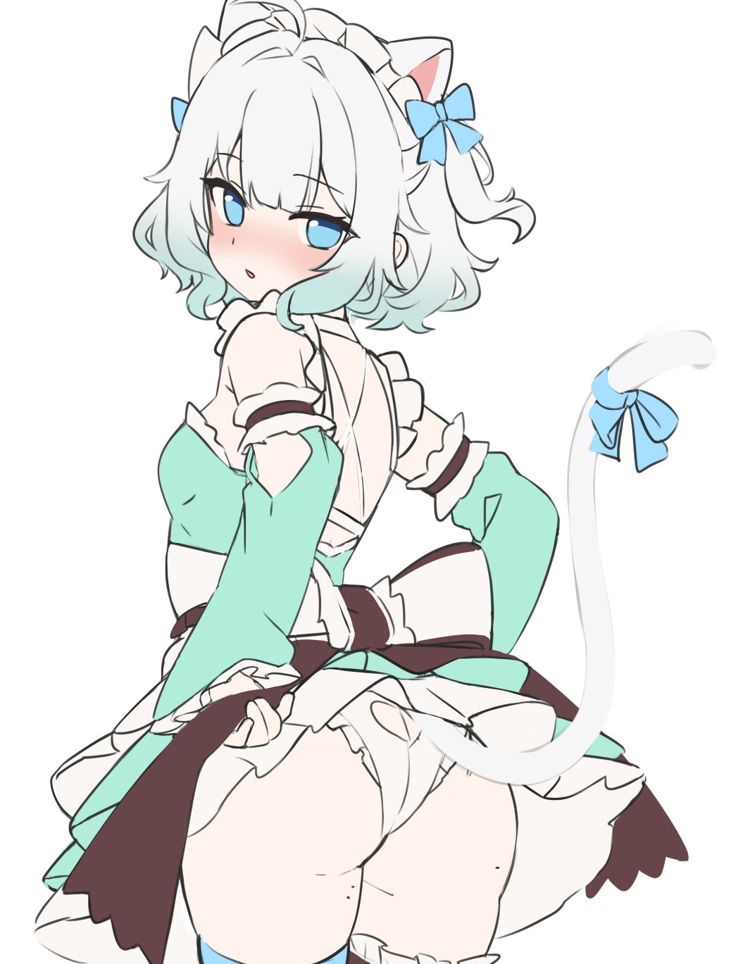 1girl ahoge animal_ears ass ass_cutout blue_bow blue_eyes blush bow butt_crack cat_ears cat_girl cat_tail clothing_cutout commentary cropped_legs detached_sleeves dress english_commentary green_dress green_hair heart_cutout highres hitsukuya indie_virtual_youtuber long_sleeves looking_at_viewer looking_back medium_hair mint_fantome multicolored_hair panties solo standing tail tail_bow tail_ornament underwear virtual_youtuber white_background white_hair white_panties