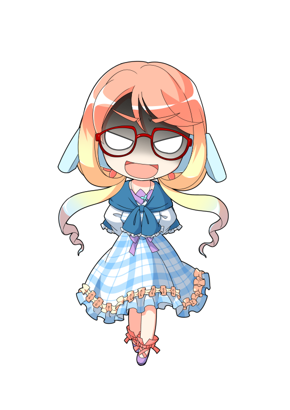 1girl :d ankle_lace-up arms_behind_back blank_eyes blonde_hair blue_dress chibi chibi_only commentary_request cross-laced_shoes dairi dress frilled_dress frills full_body glasses gradient_hair hair_ornament haruno_sora jewelry large_variant_set long_hair long_sleeves looking_at_viewer mole mole_under_mouth multicolored_hair open_mouth pendant plaid_clothes plaid_dress purple_shoes red-framed_eyewear red_ribbon ribbon shoes smile solo standing straight-on tachi-e transparent_background v-shaped_eyebrows v-shaped_eyes variant_set vocaloid voiceroid