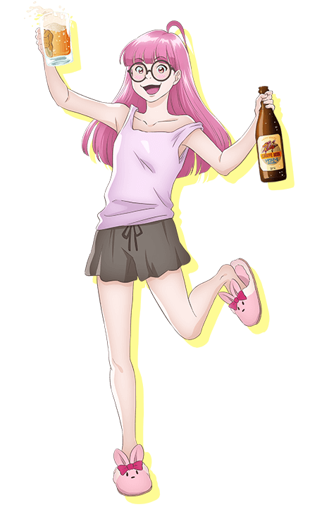 1girl :d ahoge alcohol animal_slippers anime_coloring arm_up astro_note beer black-framed_eyewear black_shorts blunt_bangs blush bottle breasts collarbone cup drunk full_body glasses hand_up holding holding_bottle holding_cup kubonouchi_eisaku leg_up long_hair looking_at_viewer matsubara_teruko official_art open_mouth pink_eyes pink_hair pink_slippers pink_tank_top round_eyewear sake shorts simple_background slippers small_breasts smile solo standing standing_on_one_leg tachi-e tank_top transparent_background