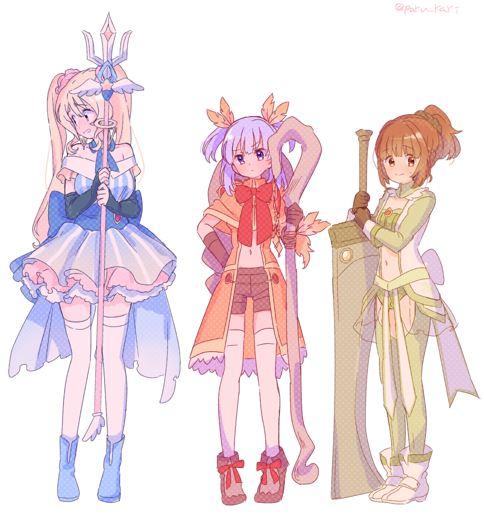 3girls akino_kaede akino_kaede_(cosplay) ankle_boots back_bow bare_shoulders black_gloves black_scrunchie blonde_hair blue_dress blue_eyes blue_footwear blue_hair blue_ribbon blunt_bangs blush boots bow breasts brown_eyes brown_footwear brown_hair brown_shorts bubble_skirt capelet cleavage_cutout clenched_teeth closed_mouth clothing_cutout coat collarbone cosplay costume_switch dot_nose dress embarrassed facing_away frilled_dress frills frown full-face_blush full_body furrowed_brow gloves green_legwear hair_ornament hand_on_own_hip height_difference high_collar high_heels high_ponytail holding holding_staff holding_weapon jitome large_breasts leaf leaf_hair_ornament light_blush light_smile lineup long_hair looking_afar machete magia_record:_mahou_shoujo_madoka_magica_gaiden mahou_shoujo_madoka_magica midriff minami_rena minami_rena_(cosplay) multiple_girls navel neck_ribbon off-shoulder_dress off_shoulder open_clothes open_coat orange_capelet orange_coat pink_scrunchie polka_dot ponytail red_ribbon ribbon ribbon_shoes scrunchie see-through_clothes serious serizawa_serizane short_dress shorts shy simple_background skirt small_breasts soul_gem staff standing stomach_cutout striped_clothes striped_dress sweatdrop teeth thigh_cutout thighhighs togame_momoko togame_momoko_(cosplay) twintails twitter_username two_side_up vertical-striped_clothes vertical-striped_dress waist_cape wavy_mouth weapon white_background white_footwear white_legwear zettai_ryouiki