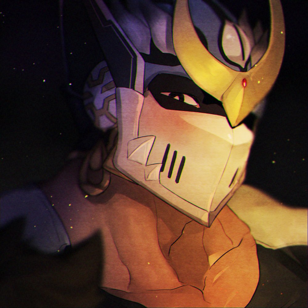 1boy adam&#039;s_apple black_background black_eyes blurry bright_pupils collarbone depth_of_field helmet light_particles looking_at_viewer male_focus mature_male mid_(mid_skb) portrait shiva_(housamo) solo thick_neck tokyo_houkago_summoners white_pupils