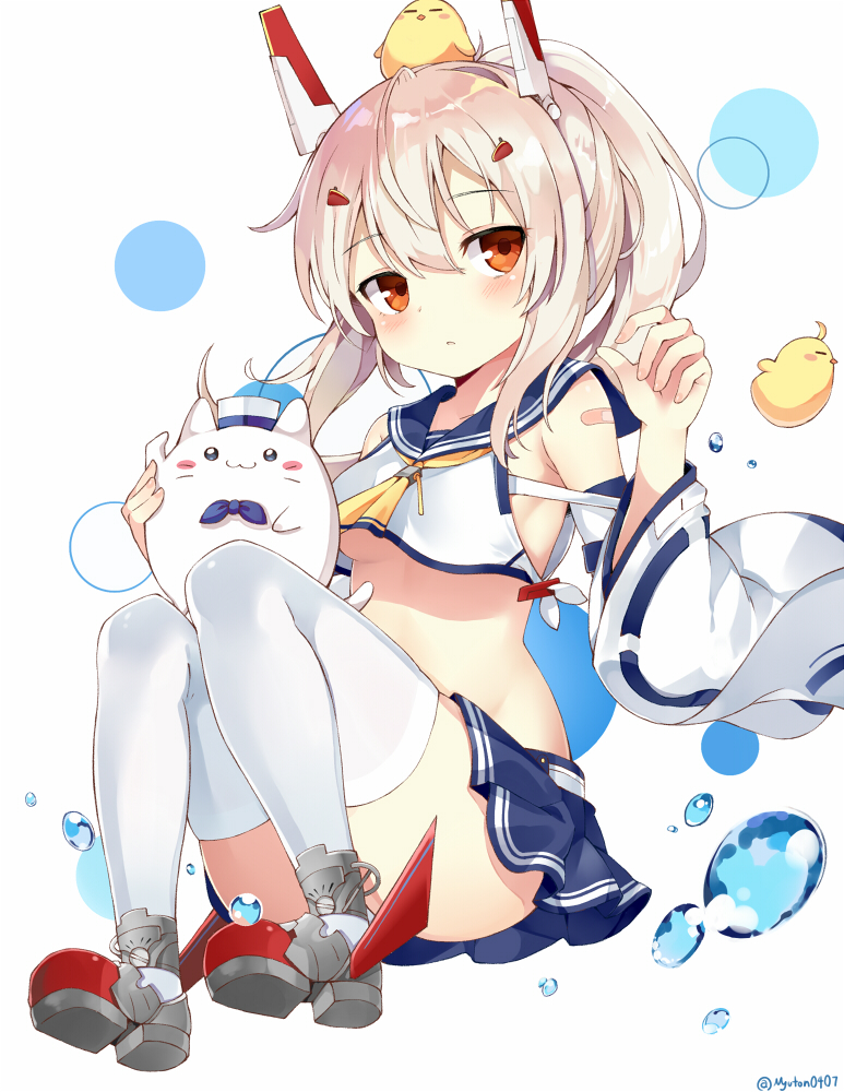 1girl animal ass ayanami_(azur_lane) ayanami_(retrofit)_(azur_lane) azur_lane baby_animal bandaid bare_shoulders bird blonde_hair blue_sailor_collar blue_skirt blush breasts chick convenient_leg crop_top crop_top_overhang detached_sleeves female_focus hair_between_eyes hair_ornament hand_up headgear knees_up long_hair long_sleeves looking_at_viewer meowficer_(azur_lane) midriff miniskirt myuton parted_lips ponytail red_eyes remodel_(azur_lane) rudder_footwear sailor_collar shirt shoes sidelocks simple_background skirt small_breasts solo thighhighs twitter_username underboob water white_background white_shirt white_thighhighs wide_sleeves yellow_neckwear