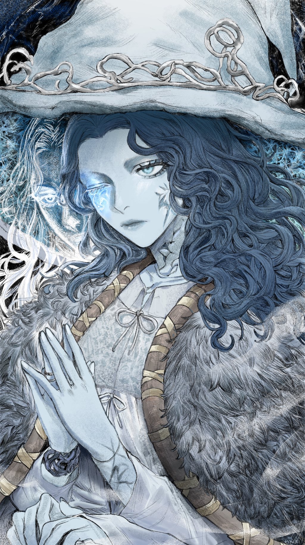 1girl blue_eyes blue_hair blue_lips blue_skin brown_cloak cloak closed_mouth colored_skin commentary_request cracked_skin doll_joints dress elden_ring expressionless extra_arms extra_faces facial_tattoo fur_cloak fur_trim glowing_tattoo hat highres jewelry joints large_hat lips long_hair nashinoro_kikuri one_eye_closed own_hands_together ranni_the_witch ring solo tattoo wavy_hair white_dress white_hat witch witch_hat