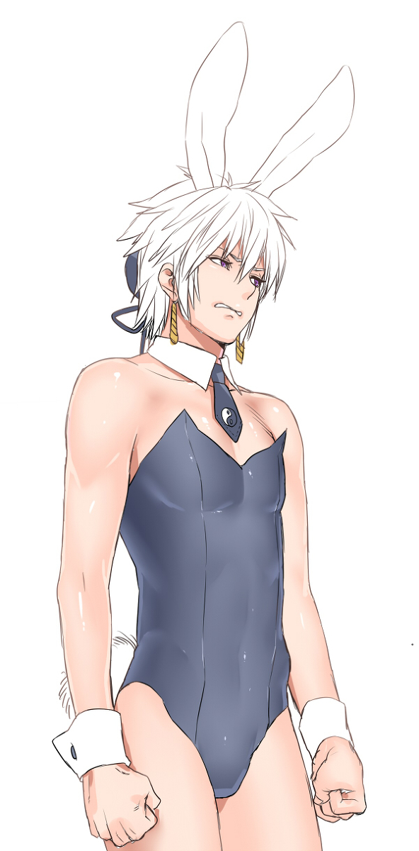 1boy animal_ears castella cosplay costume earrings fake_animal_ears hair_ornament highres jewelry leotard male_focus muscular musou_orochi musou_orochi_2 playboy_bunny purple_eyes rabbit_ears rabbit_tail short_hair silver_hair solo taigong_wang_(musou_orochi) tail