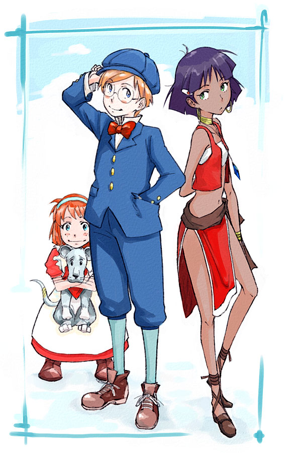 1990s_(style) 1boy 2girls arm_behind_back blue_eyes blush_stickers bob_cut boots bow bowtie bracelet brown_hair newsboy_cap cross-laced_sandals dark-skinned_female dark_skin dress earrings flat_chest fushigi_no_umi_no_nadia glasses green_eyes hand_in_pocket hat hoop_earrings ichigoo jean_roque_lartigue jean_roque_raltique jewelry king_(nadia) light_smile lion loincloth marie_en_carlsberg midriff multiple_girls nadia_la_arwall purple_hair red_hair retro_artstyle short_hair strapless tube_top vest