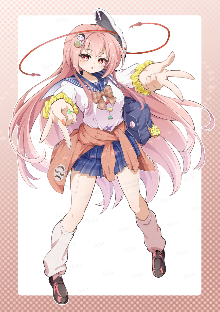 1girl alternate_costume bag blue_sailor_collar blue_skirt border bow bowtie brown_shoes buttons clothes_around_waist commentary_request fox_mask futa_(nabezoko) green_nails hata_no_kokoro highres jacket jacket_around_waist leg_warmers loafers long_hair long_sleeves looking_at_viewer mask mask_on_head new_mask_of_hope open_mouth orange_nails outside_border pink_eyes pink_hair pleated_skirt sailor_collar sailor_shirt school_bag school_uniform shirt shoes shoulder_bag skirt smile_emoji solo star_(symbol) touhou v very_long_hair w watermark white_leg_warmers white_shirt