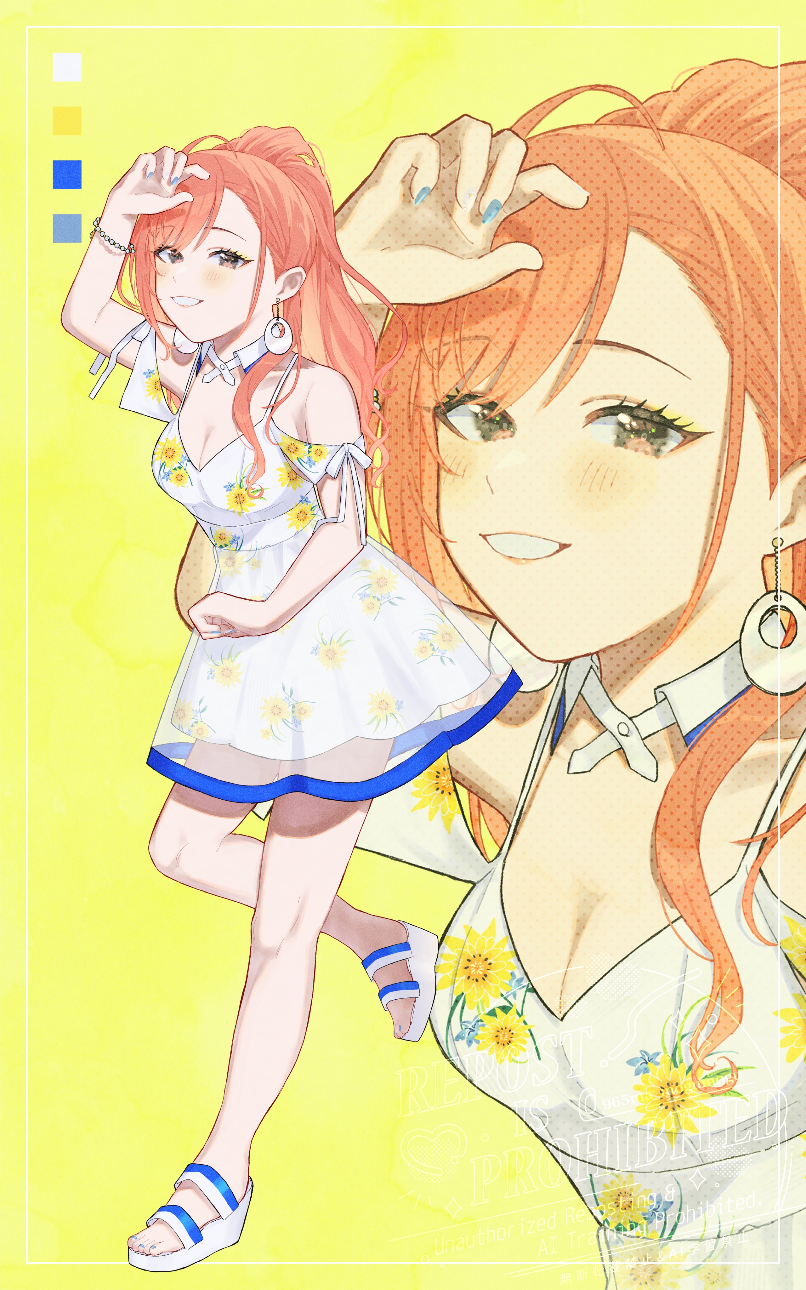 1girl 965ma_mogumogu absurdres ahoge arisugawa_natsuha asymmetrical_bangs bead_bracelet beads blue_nails bracelet breasts brown_eyes cleavage color_guide cross_tie detached_collar dress earrings eyelashes floral_print floral_print_dress foot_up grin hand_over_face highres idolmaster idolmaster_shiny_colors jewelry knees large_breasts layered_skirt lips long_hair multicolored_nails off-shoulder_dress off_shoulder orange_hair platform_sandals ponytail sandals see-through_clothes see-through_skirt skirt smile solo spaghetti_strap swept_bangs teeth white_dress white_nails white_sandals wing_collar yellow_background zoom_layer