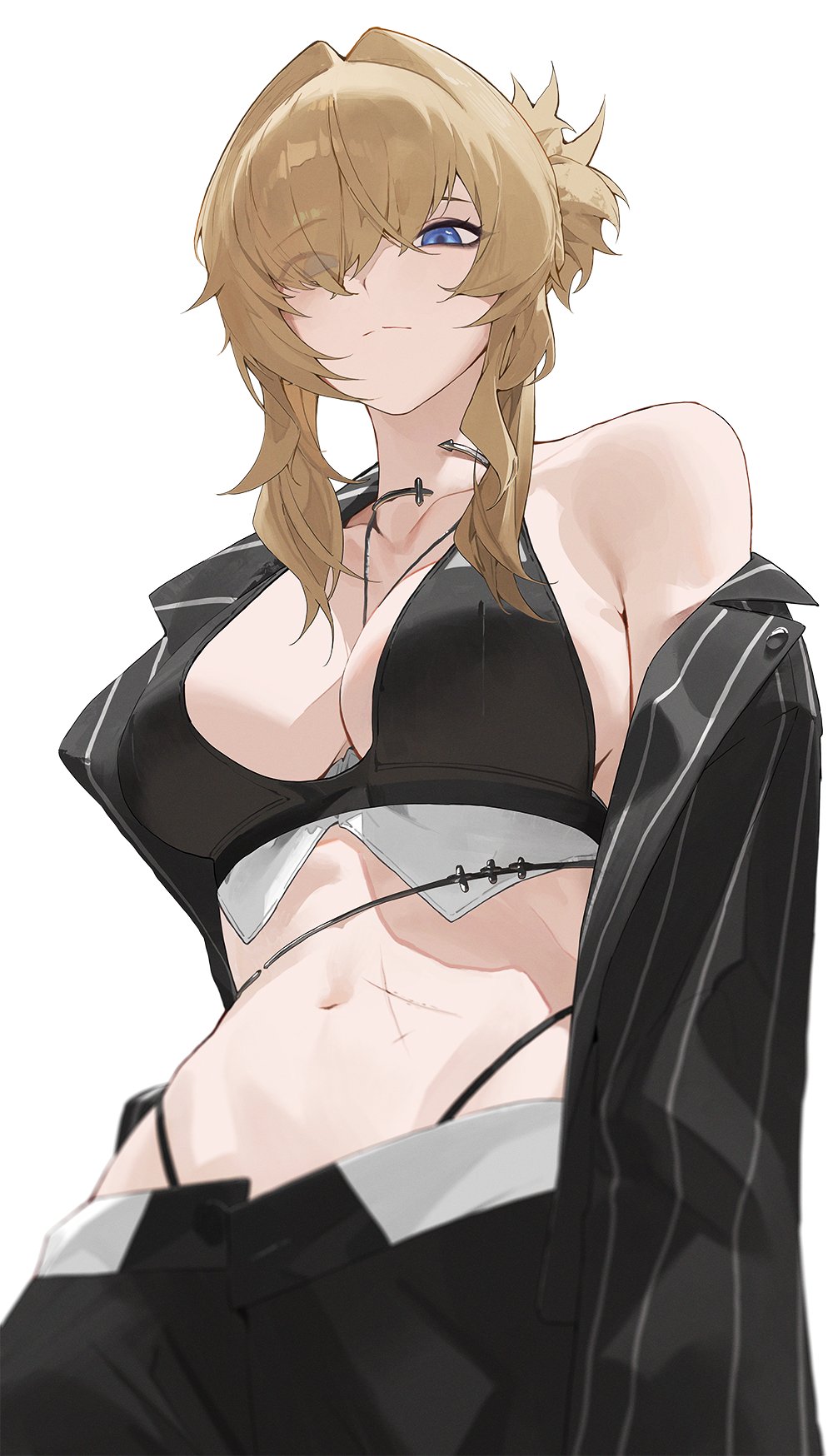 1girl choker cross cross_choker formal_clothes goddess_of_victory:_nikke grave_(beautiful_you)_(nikke) grave_(nikke) highres kji_(rozo) leather_bikini multiple_scars navel official_alternate_costume official_alternate_hairstyle pinstripe_jacket pinstripe_pattern pinstripe_suit scar scar_on_stomach simple_background single_bare_shoulder solo suit white_background