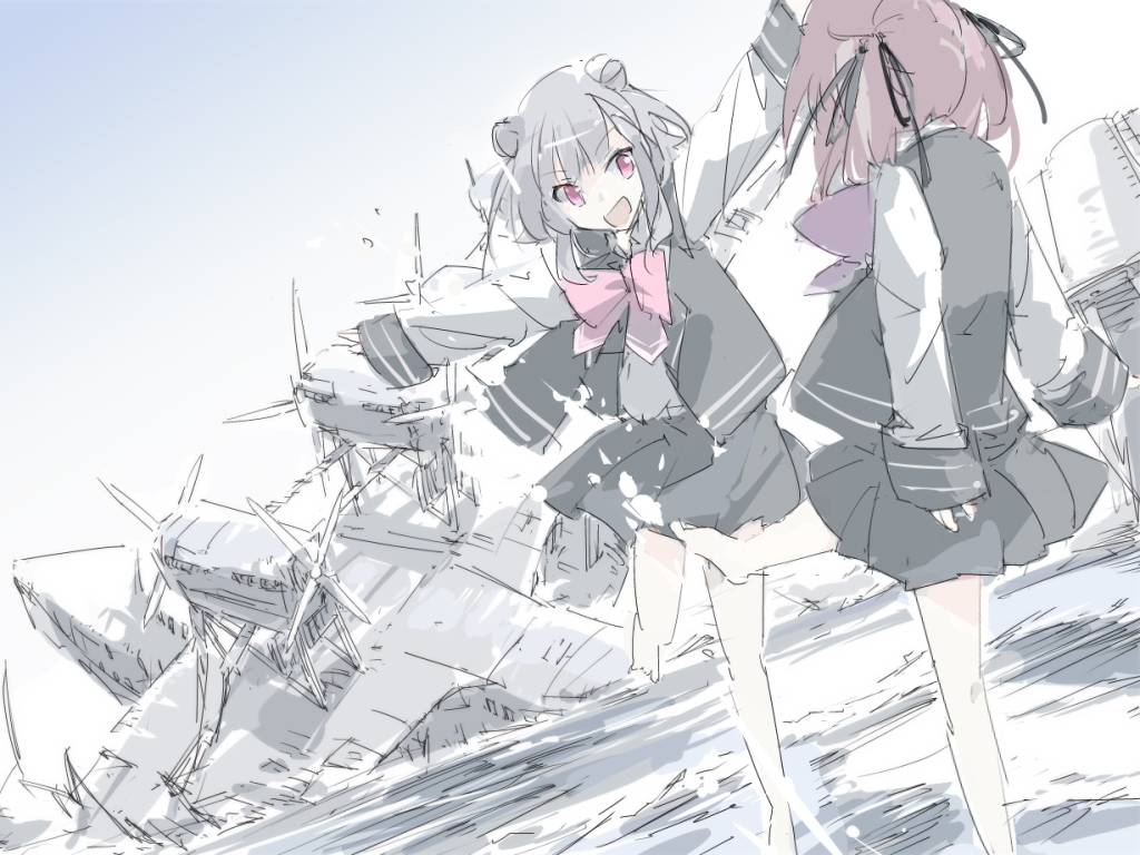 2girls aircraft airplane barefoot bow bowtie cevio commentary_request crash feste hair_ribbon kicking koharu_rikka looking_at_another multiple_girls natsuki_karin outdoors outstretched_arms partially_submerged playing ribbon school_uniform wading
