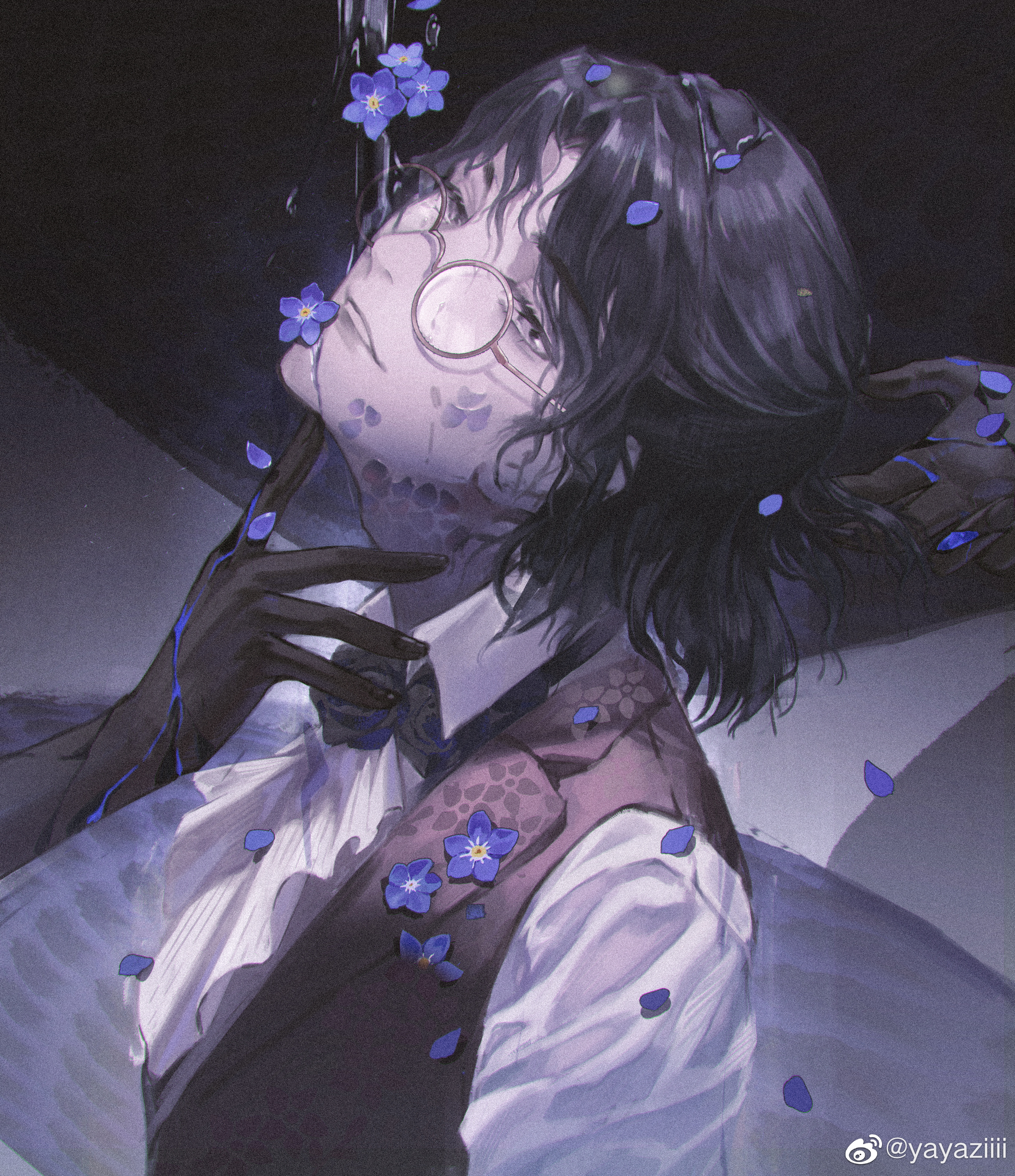 1boy absurdres ascot black_background black_flower black_hair black_rose black_skin black_vest blood blue_blood blue_flower brooch chinese_commentary collared_shirt colored_extremities colored_skin commentary curtained_hair english_commentary falling_petals flower flower_brooch forget-me-not_(flower) forget_me_not_(reverse:1999) from_side glasses grey_background grey_eyes half_updo hand_on_another's_chin highres light_smile liquid looking_at_viewer looking_to_the_side male_focus medium_hair mixed-language_commentary name_connection object_namesake out_of_frame parted_bangs parted_lips petals reaching reverse:1999 rose round_eyewear scales shirt sideways_glance solo upper_body vest waistcoat watermark wavy_hair weibo_watermark white_ascot white_shirt yayaziiii