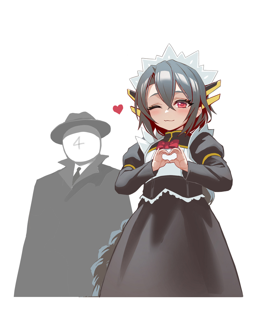 1boy 1girl adapted_costume aged_down black_hair black_wyrm_(last_origin) braid braided_ponytail coat commander_(last_origin) hat heart heart_hands last_origin maid maid_headdress mini_black_wyrm_(last_origin) necktie one_eye_closed red_eyes simple_background taesi trench_coat white_background