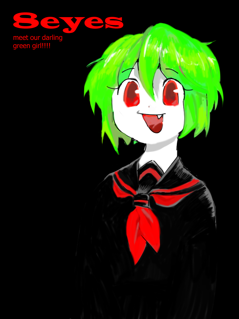1girl 8eyes black_background black_serafuku bob_cut colored_skin episode_title eyelashes fang green_hair greengirl_(8eyes) open_mouth red_eyes school_uniform serafuku short_hair smile solo title white_skin yogurt200