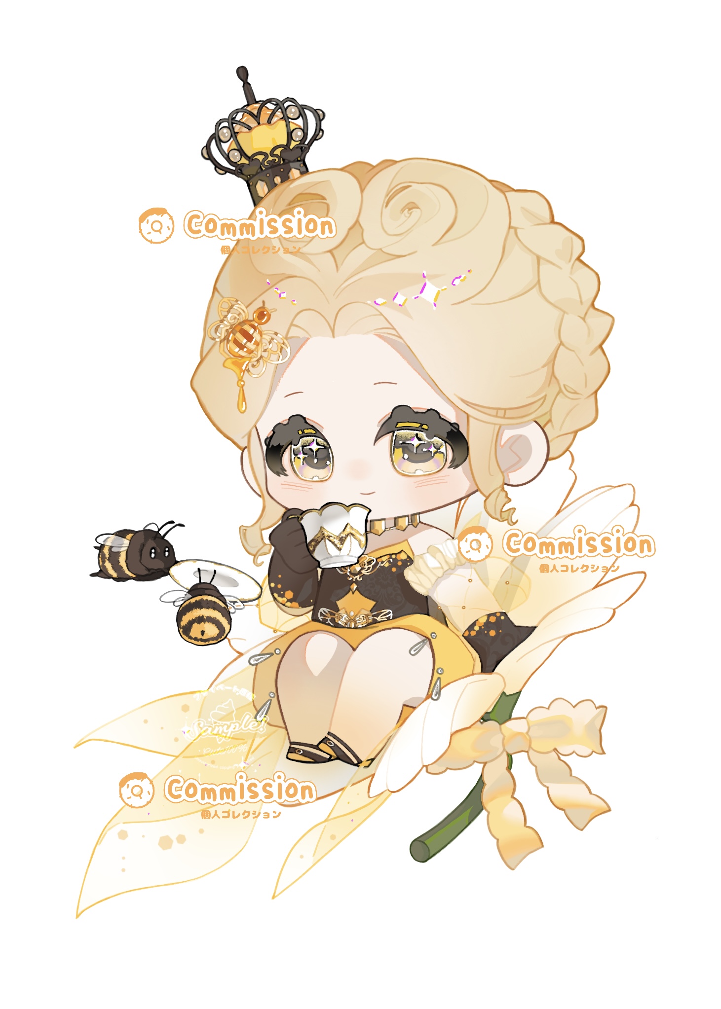 1girl bare_legs bee bee_costume bee_hair_ornament belt belt_buckle black_belt black_gloves black_shirt black_shoes blonde_hair bow braid buckle bug chain character_request chibi chinese_commentary circlet closed_mouth commentary_request commission crown crown_braid cup curly_hair detached_sleeves drinking eeeestella eyelashes flower frilled_sleeves frills fringe_trim gloves gold_chain hair_ornament hairclip happy highres holding holding_cup insect light_blush long_sleeves mini_crown miniskirt multicolored_shoes nikki_(series) on_flower shining_nikki shirt shoe_belt shoes short_hair simple_background sitting skirt smile solo sparkling_eyes strapless strapless_shirt tareme teacup train_(clothing) two-tone_shoes updo watermark white_background white_flower white_sleeves yellow_bow yellow_crown yellow_eyes yellow_shoes yellow_skirt