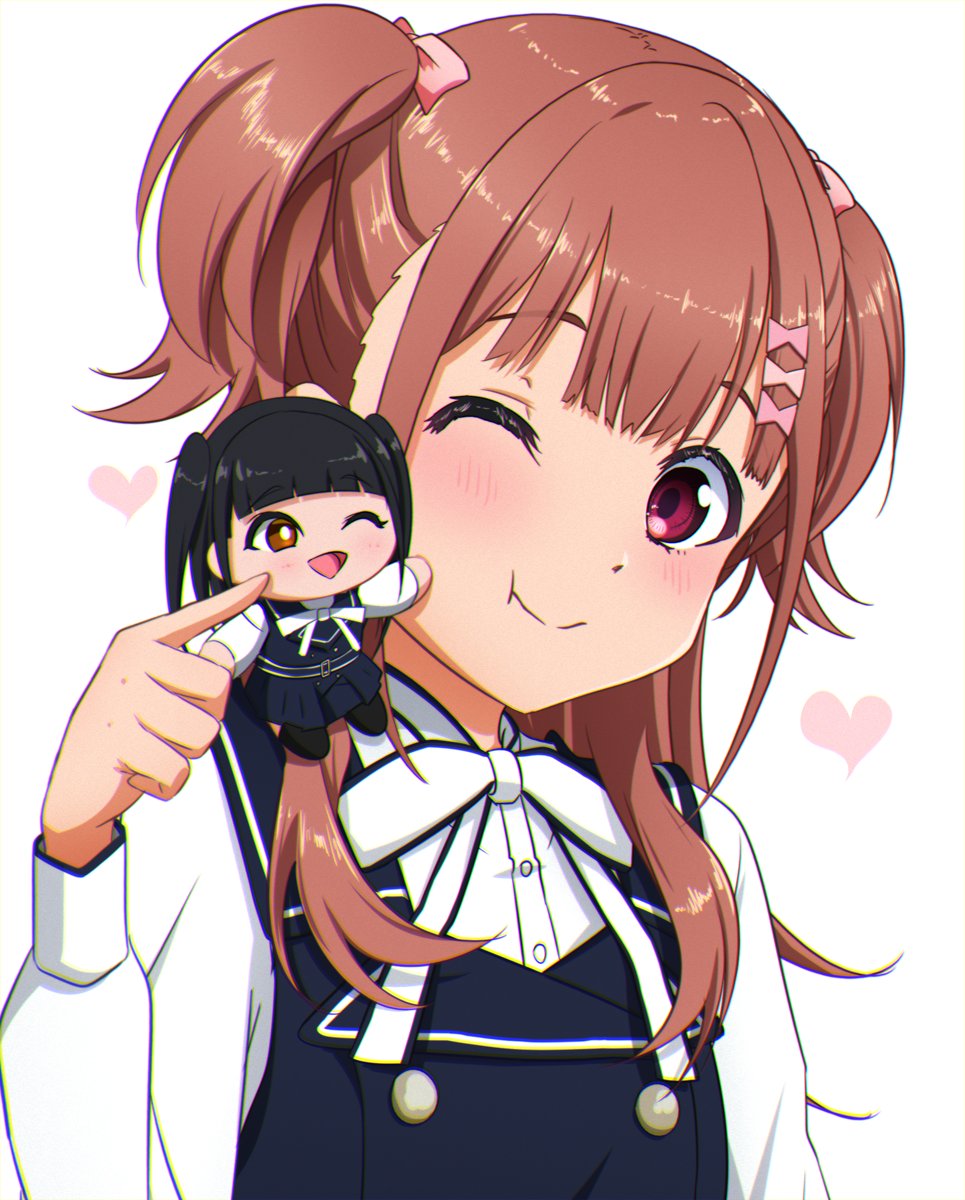 1girl 22/7 ;t black_dress blush bow brown_eyes brown_hair buttons doll double-breasted dress fanged_bangs film_grain hair_bow heart highres holding holding_doll igashiko long_hair long_sleeves neck_ribbon pinafore_dress pink_bow portrait ribbon sera_honoka shirt sleeveless sleeveless_dress smile stuffed_toy two_side_up white_background white_ribbon white_shirt