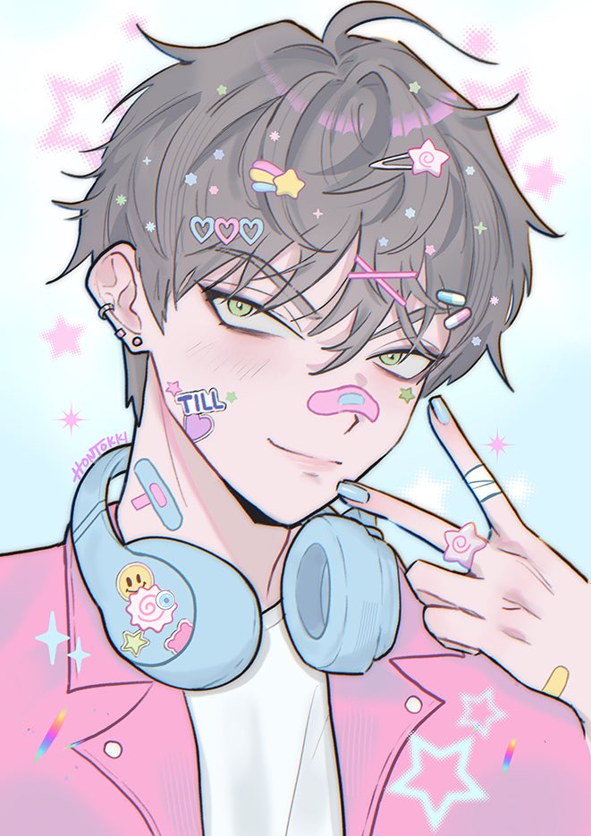 1boy alien_stage alternate_costume aqua_nails bandaid bandaid_on_face bandaid_on_neck bandaid_on_nose closed_mouth commentary ear_piercing food-themed_hair_ornament green_eyes grey_hair hair_ornament hairclip headphones headphones_around_neck heart heart_hair_ornament hontokki jacket male_focus narutomaki_hair_ornament piercing pink_jacket portrait shirt shooting_star_hair_ornament short_hair smile solo star_(symbol) star_hair_ornament till_(alien_stage) v very_short_hair white_shirt