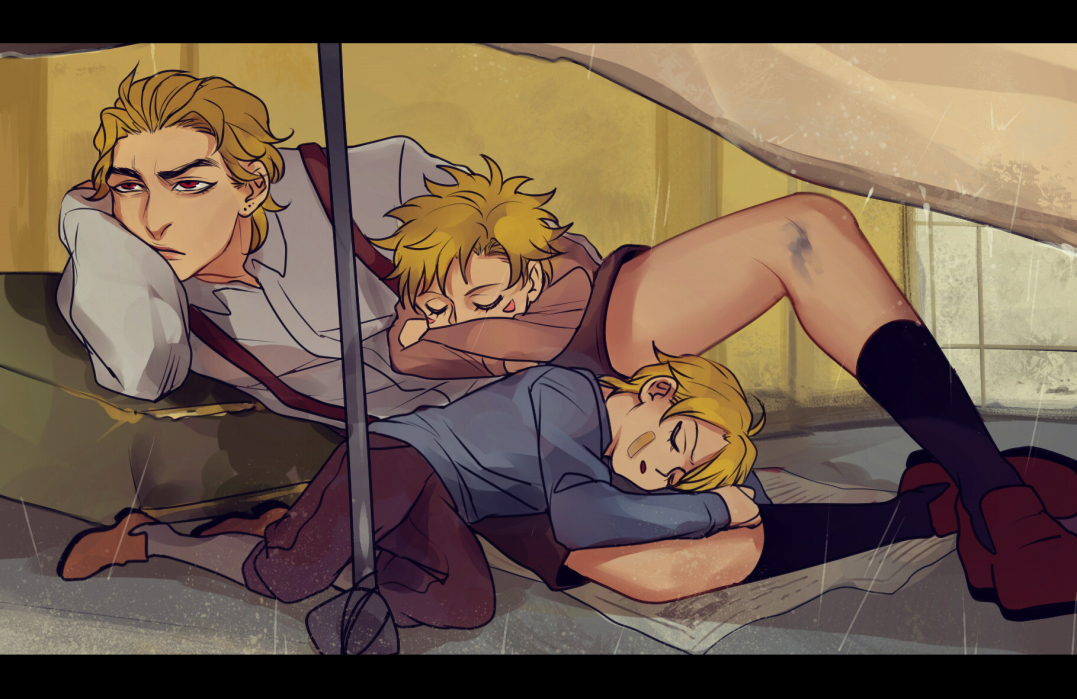 3boys bandaid battle_tendency birthmark blonde_hair caesar_anthonio_zeppeli child diego_brando dio_brando dirty facial_mark jojo_no_kimyou_na_bouken kilva_lollop lying male_focus multiple_boys on_side phantom_blood rain red_eyes sleeping socks steel_ball_run aged_down