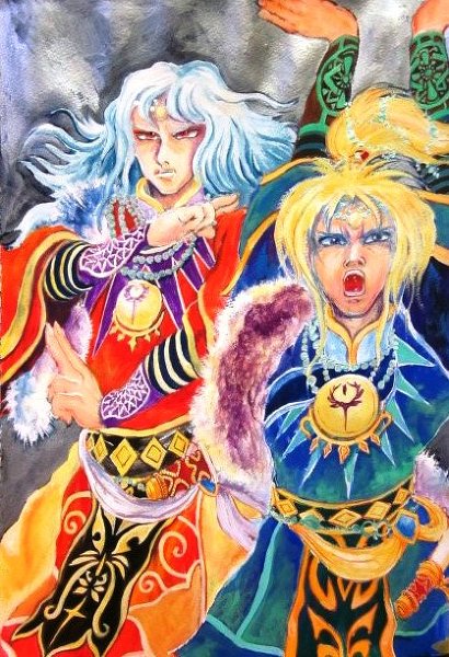 2boys anago-san blonde_hair blue_(saga_frontier) blue_hair blue_theme brothers facing_viewer image_sample looking_at_viewer multiple_boys pixiv_sample resized rouge_(saga_frontier) saga saga_frontier siblings