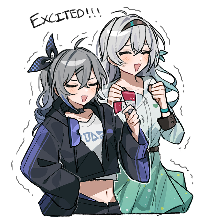 2girls ^_^ ahoge black_choker black_hairband black_jacket choker closed_eyes cowboy_shot crop_top dress drill_hair drill_ponytail emne firefly_(honkai:_star_rail) green_dress grey_hair hair_between_eyes hair_intakes hair_ribbon hairband holding holding_ticket honkai:_star_rail honkai_(series) jacket long_sleeves midriff multiple_girls navel open_clothes open_jacket ribbon shirt silver_wolf_(honkai:_star_rail) ticket white_background white_shirt