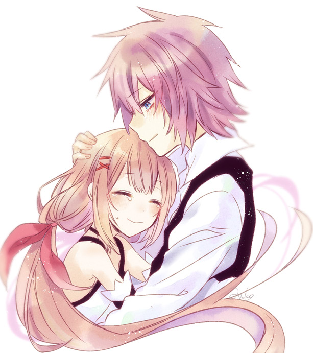 1boy 1girl anoko_(darenokoanoko) bare_shoulders black_vest blue_eyes blush brother_and_sister closed_eyes closed_mouth collared_shirt commentary_request cropped_torso detached_sleeves dress hair_ornament hairclip hug kingdom_hearts kingdom_hearts_x lauriam long_hair long_sleeves orange_hair pink_hair profile shirt siblings simple_background smile strelitzia_(kingdom_hearts) twintails very_long_hair vest white_background white_dress white_shirt