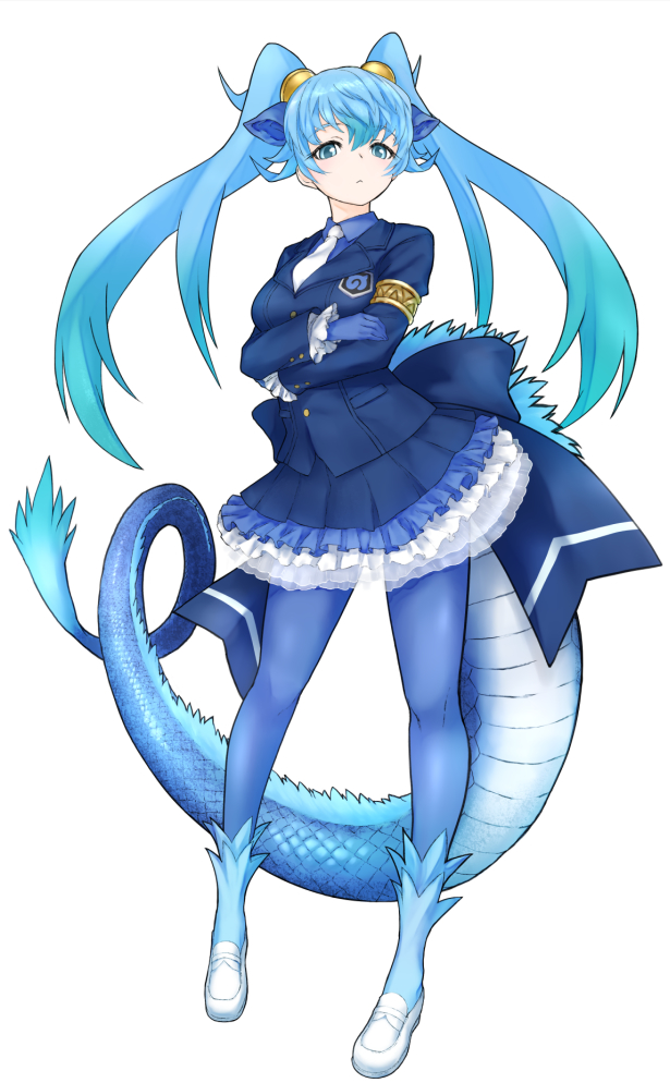 1girl blue_eyes blue_hair blue_jacket blue_pantyhose blue_skirt closed_mouth dragon_tail full_body ise_(0425) jacket kemono_friends long_hair looking_at_viewer necktie pantyhose seiryuu_(kemono_friends) simple_background skirt solo tail twintails very_long_hair white_background white_necktie