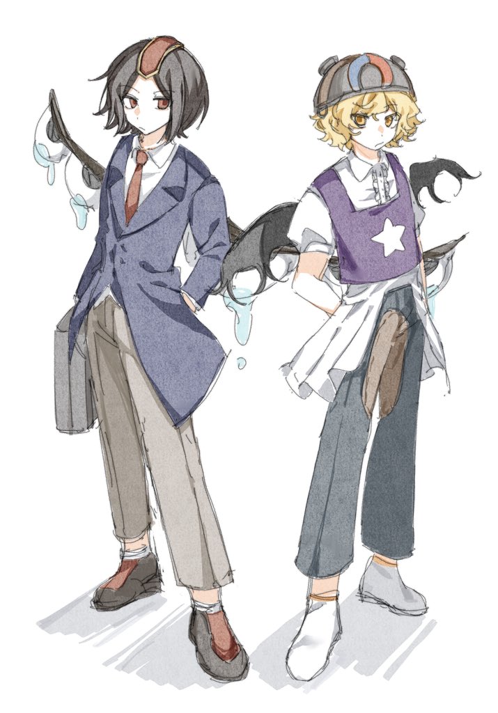 2others androgynous belt_buckle black_wings blonde_hair blue_jacket blue_sleeves briefcase brown-framed_eyewear brown_eyes brown_footwear brown_hair buckle buttons center_frills closed_mouth coattails collared_jacket collared_shirt denim eye_of_senri frills frown full_body goggles goggles_on_headwear grey_headwear grey_pants hand_in_pocket headgear helmet holding holding_briefcase jacket jeans kokutenshi_hibaru layered_sleeves len&#039;en light_frown long_sleeves multiple_others necktie other_focus pants puffy_short_sleeves puffy_sleeves purple_vest red_headwear red_necktie round_eyewear shadow shirt shoes short_hair short_sleeves simple_background socks star_(symbol) star_print teardrop umatachi_tsugumi vest white_background white_footwear white_shirt white_sleeves white_socks wings xiao_ganju_nailuo yellow_eyes