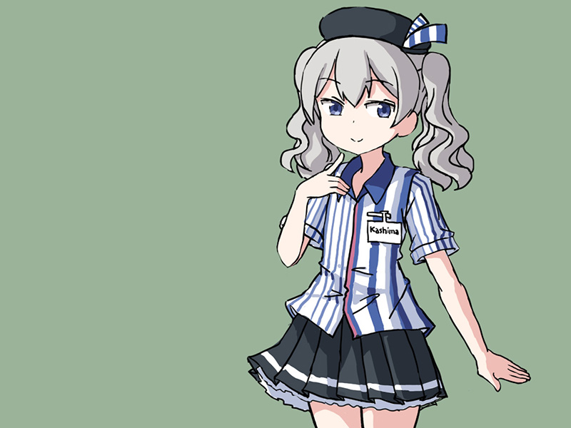 1girl alternate_breast_size black_skirt blue_eyes character_name collared_shirt commentary cowboy_shot employee_uniform english_commentary female_focus flat_chest green_background id_card kantai_collection kashima_(kancolle) kashima_(lawson)_(kancolle) lawson looking_at_viewer miniskirt one-hour_drawing_challenge pleated_skirt shirt sidelocks silver_hair simple_background sixten skirt smile solo standing striped_clothes striped_shirt twintails wavy_hair