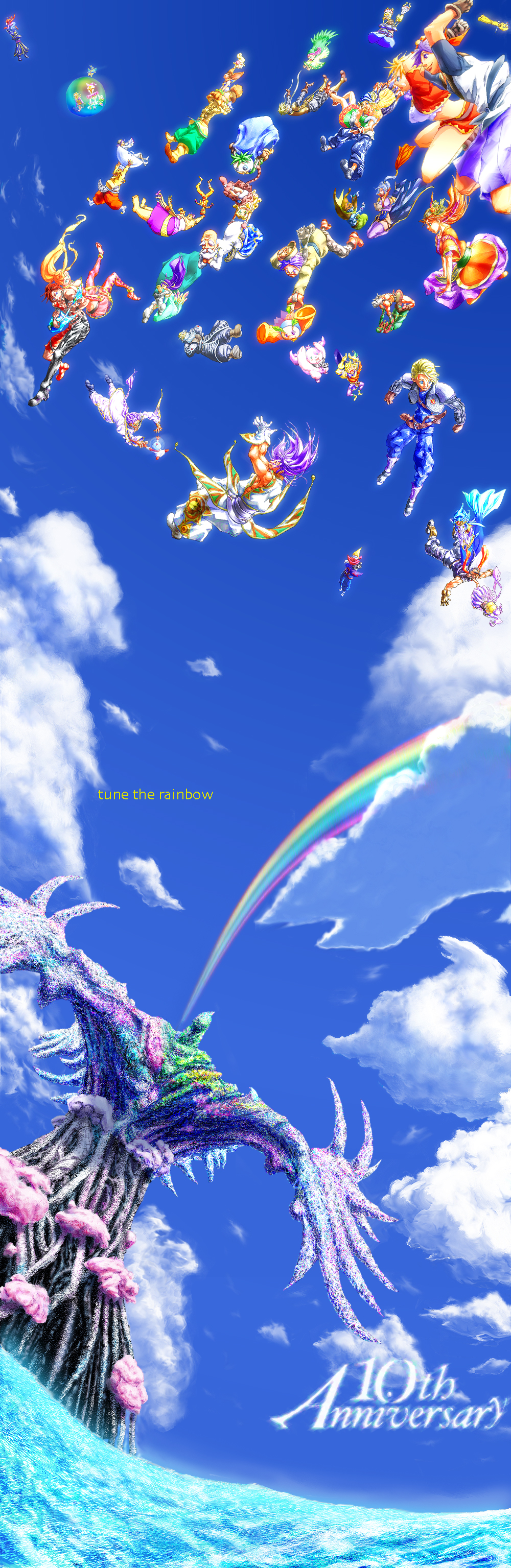 absurdres bancliff blonde_hair blue_hair blue_sky chrono_cross cloud commentary_request day draggy glenn guile_(chrono_cross) highres hoshi_no_ko imomushi_(ioment) karsh kid_(chrono_cross) leah long_hair lynx marcy_(chrono_cross) miki_(chrono_cross) multiple_boys multiple_girls nikki_(chrono_cross) outdoors poshul razzly leena_(chrono_cross) riddel serge_(chrono_cross) short_hair skelly sky harle_(chrono_cross) zoah