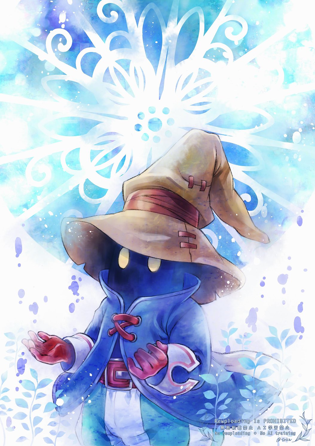 1boy belt belt_buckle black_mage_(final_fantasy) black_skin blue_coat buckle coat colored_skin commentary cowboy_shot final_fantasy final_fantasy_ix gloves hat highres male_focus open_hands pants quichi_91 red_gloves solo striped_clothes striped_pants three_quarter_view vivi_ornitier wizard_hat yellow_eyes