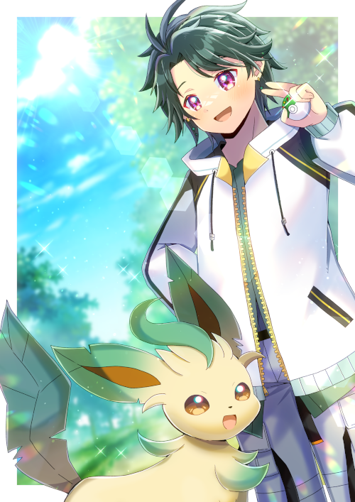 1boy :d blue_sky brown_eyes cloud commentary_request commission copyright_request drawstring friend_ball gen_4_pokemon green_hair grey_pants grey_shirt holding holding_polearm holding_weapon jacket kou_hiyoyo leafeon male_focus nintendo open_clothes open_jacket open_mouth pants poke_ball pokemon pokemon_(creature) polearm red_eyes shirt skeb_commission sky smile tree virtual_youtuber weapon white_jacket