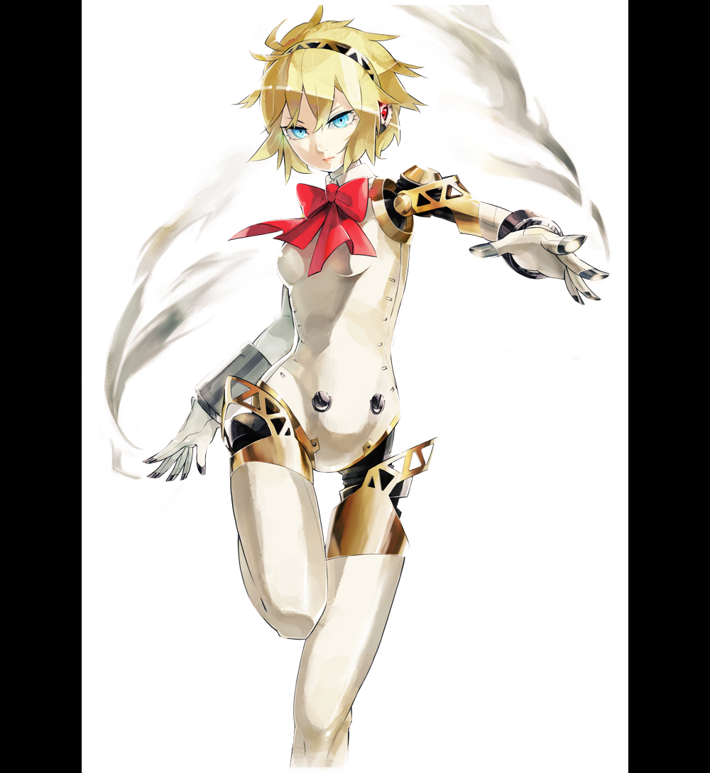 1girl aigis_(persona) android atlus blonde_hair blue_eyes bow breasts female_focus gajuumaru persona persona_3 robot short_hair smoke solo white_background