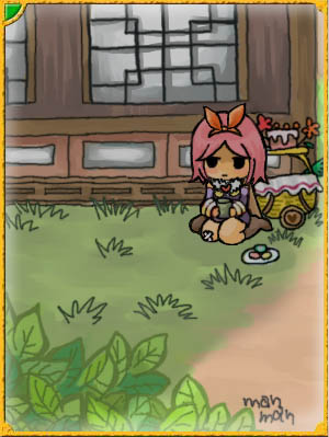 1girl alchemist_(ragnarok_online) bandaid bandaid_on_knee bandaid_on_leg black_eyes boots bow brown_boots bush cake card_(medium) closed_mouth crossed_bandaids cup food full_body gold_border grass hair_bow holding holding_cup house leaf lowres mamaji orange_bow outdoors pink_hair plate pullcart ragnarok_online short_hair sitting solo unamused yunomi
