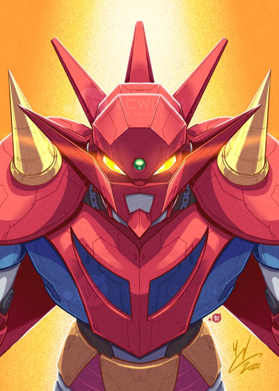 commentary english_commentary getter_dragon getter_robo getter_robo_g glowing glowing_eyes highres leaning_forward mecha mecha_focus no_humans robot science_fiction signature solo spikes super_robot winston_chan yellow_background