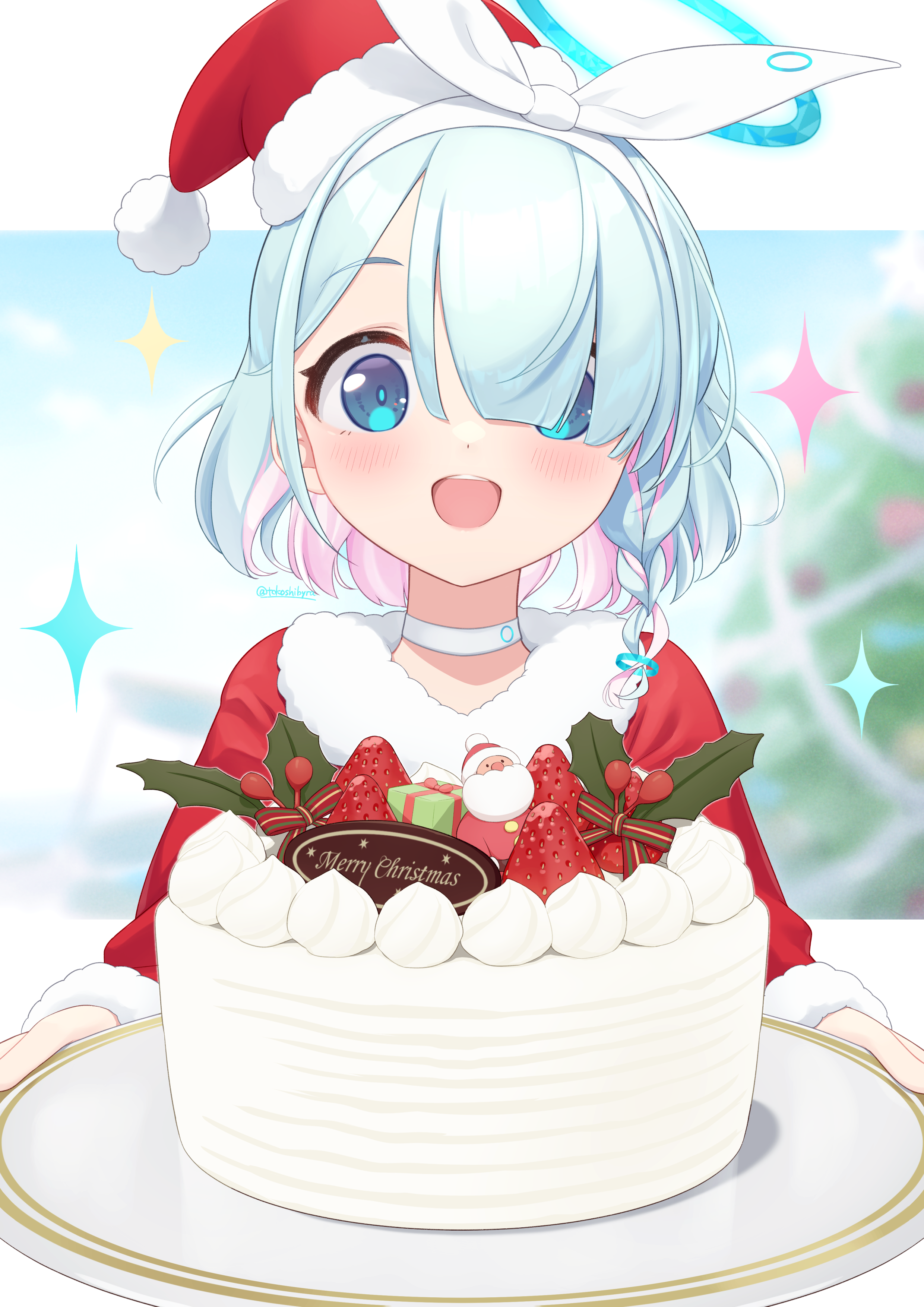 1girl :d absurdres arona_(blue_archive) blue_archive blue_eyes blue_hair blue_halo blurry blurry_background blush bow_hairband box braid cake choker christmas_tree colored_inner_hair commentary_request food fruit fur-trimmed_headwear fur_trim gift gift_box hairband halo hat highres holly letterboxed looking_at_viewer merry_christmas multicolored_hair open_mouth outside_border pink_hair plate pom_pom_(clothes) red_hat santa_hat smile solo strawberry teeth tokoshibyra tongue two-tone_hair upper_teeth_only white_choker white_hairband