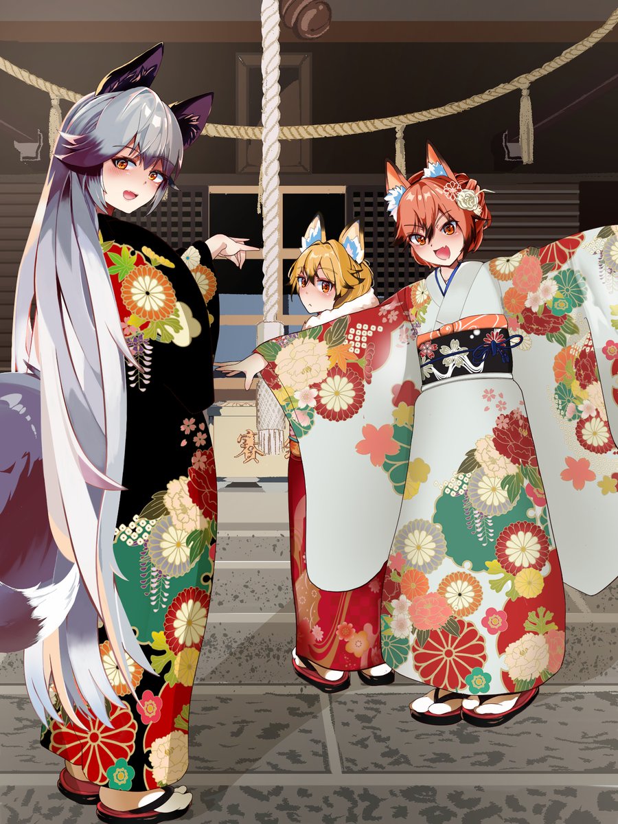 3girls alternate_costume animal_ears artistkitune19 black_hair blush ezo_red_fox_(kemono_friends) floral_print floral_print_kimono fox_ears fox_girl fox_shadow_puppet fox_tail geta grey_hair hair_up highres kemono_friends long_hair long_sleeves looking_at_viewer matching_outfits multicolored_hair multiple_girls obi open_mouth orange_hair print_kimono red_fox_(kemono_friends) red_hair sash silver_fox_(kemono_friends) smile socks tabi tail white_hair white_socks