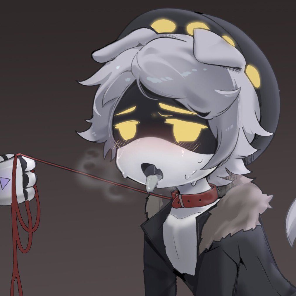 1boy animal_ears black_headwear black_jacket blush breath brown_background collar collarbone colored_skin disembodied_hand dog_boy dog_ears dog_tail fang fur-trimmed_jacket fur_collar fur_trim gradient_background grey_hair half-closed_eyes hat holding holding_leash humanoid_robot jacket joints leash male_focus murder_drones n_(murder_drones) nose_blush open_mouth parted_bangs pet_play robot robot_joints saliva short_hair sidelocks simple_background skin_fang solo_focus sweat tail tongue tongue_out white_skin yellow_eyes yuii_(yuika9200)