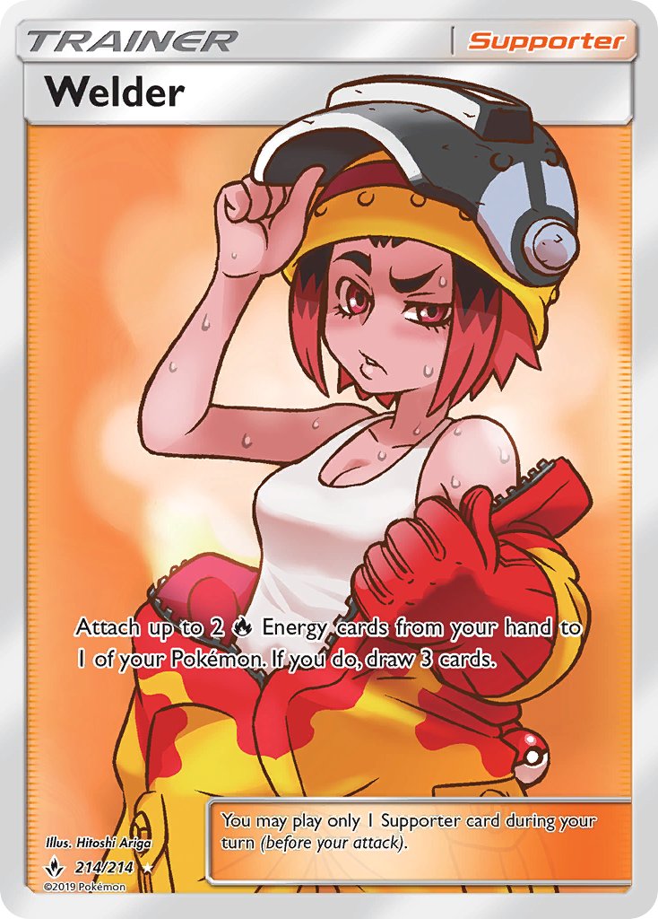 1girl ariga_hitoshi artist_name black_hair character_name copyright_name copyright_notice english_text flame_print gloves hard_hat hat helmet jumpsuit multicolored_hair nintendo official_art poke_ball poke_ball_(basic) pokemon pokemon_card pokemon_tcg red_eyes red_gloves red_hair red_jumpsuit shirt short_hair single_glove solo sweat tank_top two-tone_hair two-tone_jumpsuit welder_(pokemon) welding_mask white_shirt yellow_hat yellow_jumpsuit