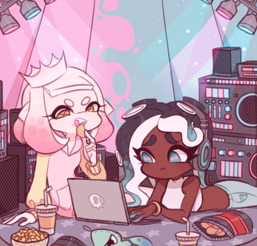 2girls alternate_costume asymmetrical_hair bad_id bad_twitter_id bag bare_arms bare_shoulders bedroom black_hair blue_eyes blue_hair blue_pants bowl bracelet carpet cephalopod_eyes charamells chips_(food) computer cowboy_shot crop_top crown cup curtains dark-skinned_female dark_skin disposable_cup dress drinking_straw eating eyelashes fang fashion food gold_bracelet gradient_hair headphones holding holding_food hood hood_down hooded_dress indoors laptop long_hair long_sleeves lying marina_(splatoon) mole mole_under_mouth multicolored_hair multiple_girls nintendo on_stomach open_mouth pants pearl_(splatoon) pink_dress pink_hair pink_pupils plastic_bag pointy_ears popcorn potato_chips scenery shirt short_dress sitting sleeveless sleeveless_dress sleeveless_shirt sleeves_past_wrists smile snack soda splatoon_(series) stage_lights star_(symbol) stereo stomach stuffed_squid sweater sweater_dress sweatpants teeth turtleneck turtleneck_shirt upper_teeth_only white_crown white_hair white_shirt yellow_eyes yellow_sweater