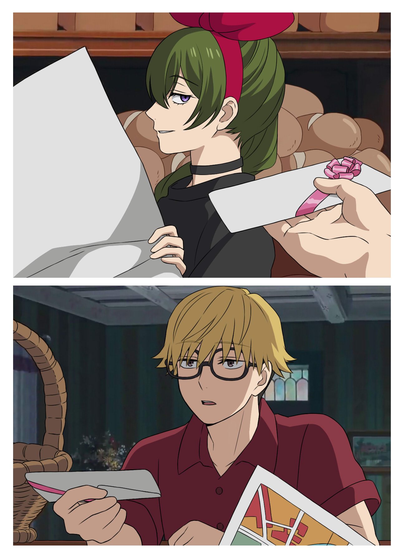 1boy 1girl bakery basket black_dress blonde_hair border bouquet bow bread collared_shirt commentary cosplay dress dress_shirt envelope eyelashes flower food giving green_hair hair_between_eyes highres holding holding_envelope holding_letter holding_map indoors jitome kiki_(majo_no_takkyuubin) kiki_(majo_no_takkyuubin)_(cosplay) land_(sousou_no_frieren) letter light_smile loaf_of_bread long_hair looking_ahead looking_at_viewer looking_to_the_side majo_no_takkyuubin map painting_(object) parody parted_lips pink_bow pink_ribbon pov pov_hands purple_eyes reading red_shirt ribbon scene_reference shelf shirt shop short_sleeves side_ponytail sousou_no_frieren syaparinton tombo_(majo_no_takkyuubin) tombo_(majo_no_takkyuubin)_(cosplay) ubel_(sousou_no_frieren) white_border yellow_eyes