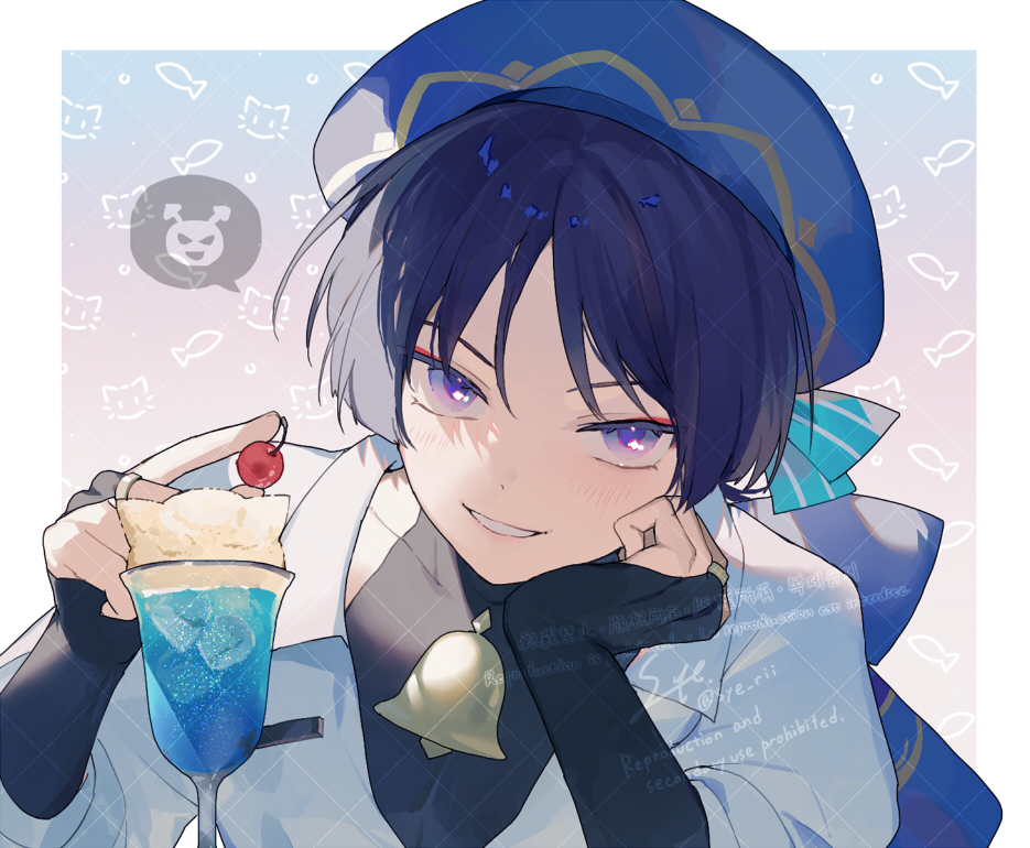 1boy adapted_costume alternate_costume arm_support artist_name bell beret black_hair blue_hat blunt_ends breast_pocket bridal_gauntlets cherry collared_shirt covered_collarbone eyeliner eyeshadow food fruit genshin_impact gold_ring gold_trim hand_on_own_cheek hand_on_own_face hat holding holding_food holding_fruit ice ice_cream ice_cream_float ice_cube light_blush lips makeup male_focus middle_ring neck_bell open_clothes open_shirt parted_bangs pinching_gesture pocket purple_eyes red_eyeliner red_eyeshadow scaramouche_(genshin_impact) shirt shoulder_peek three-quarter_sleeves smile solo speech_bubble spoken_expression syerii twitter_username wanderer_(genshin_impact) wanderer_(wanderer_impression)_(genshin_impact) watermark watermark_grid white_shirt white_sleeves