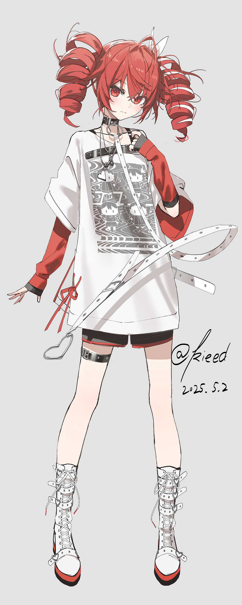 1girl absurdres belt boots drill_hair full_body hair_ribbon highres kasane_teto kieed lace-up_boots layered_sleeves long_shirt long_sleeves red_eyes red_hair ribbon shirt sleeves_past_wrists solo standing thigh_belt thigh_strap twin_drills utau white_boots white_shirt
