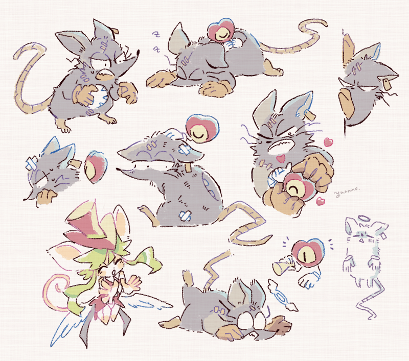 1girl 2boys ^_^ animal_ears bandages closed_eyes colored_sclera commentary_request earclip feathered_wings gloves green_hair grey_fur halo hat headpat heart heart_(mad_rat_dead) hole_in_chest hole_on_body leotard low_wings mad_rat_(mad_rat_dead) mad_rat_dead mouse_boy mouse_ears mouse_girl mouse_tail multiple_boys one-eyed one_eye_closed open_mouth rat_god_(mad_rat_dead) red_hat sidelocks signature sitting sleeping slit_pupils stitches sweatdrop tail top_hat triangle_mouth white_fur white_gloves white_leotard wings yellow_gloves yellow_sclera yurano_(upao) zzz