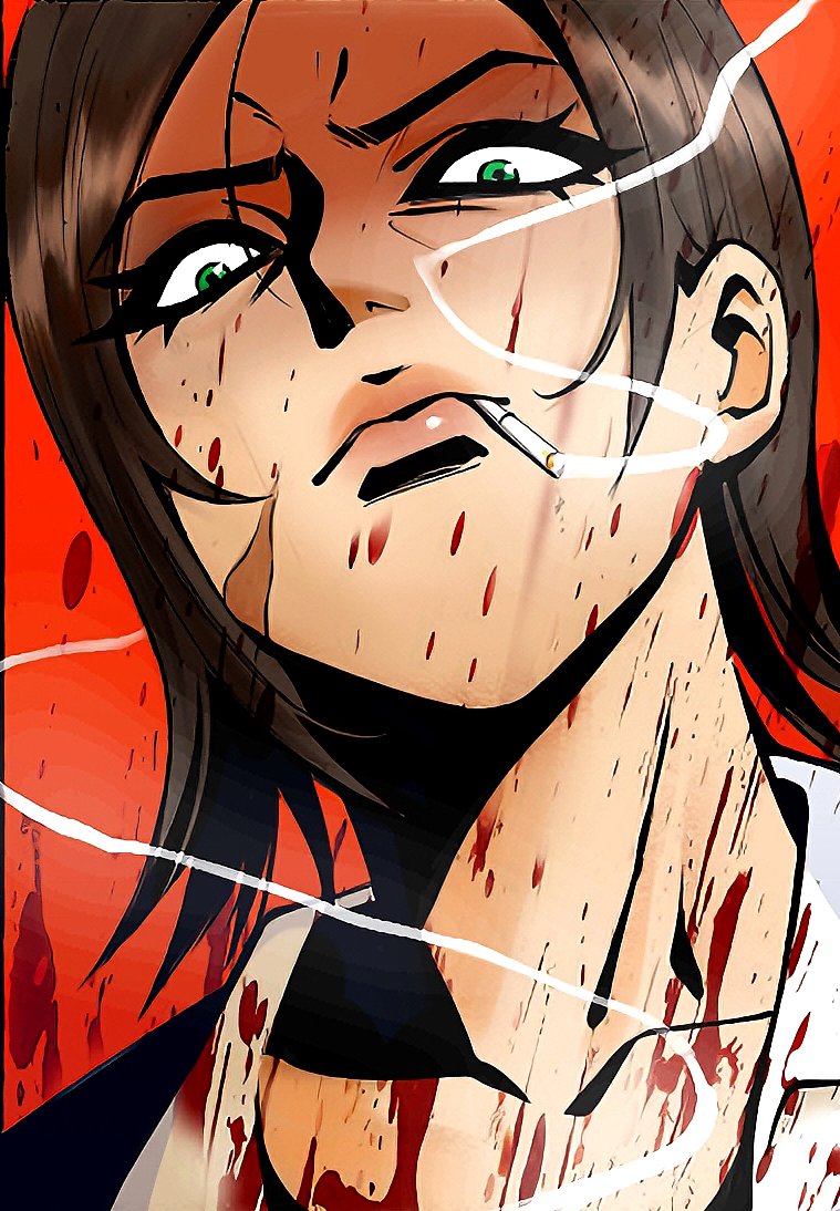 1girl bailey_(degrees_of_lewdity) bailey_(female)_(degrees_of_lewdity) black_hair blood blood_on_clothes blood_on_face cigarette collared_shirt degrees_of_lewdity green_eyes looking_at_viewer portrait red_background shirt simple_background smoking solo white_shirt yetiwang1000