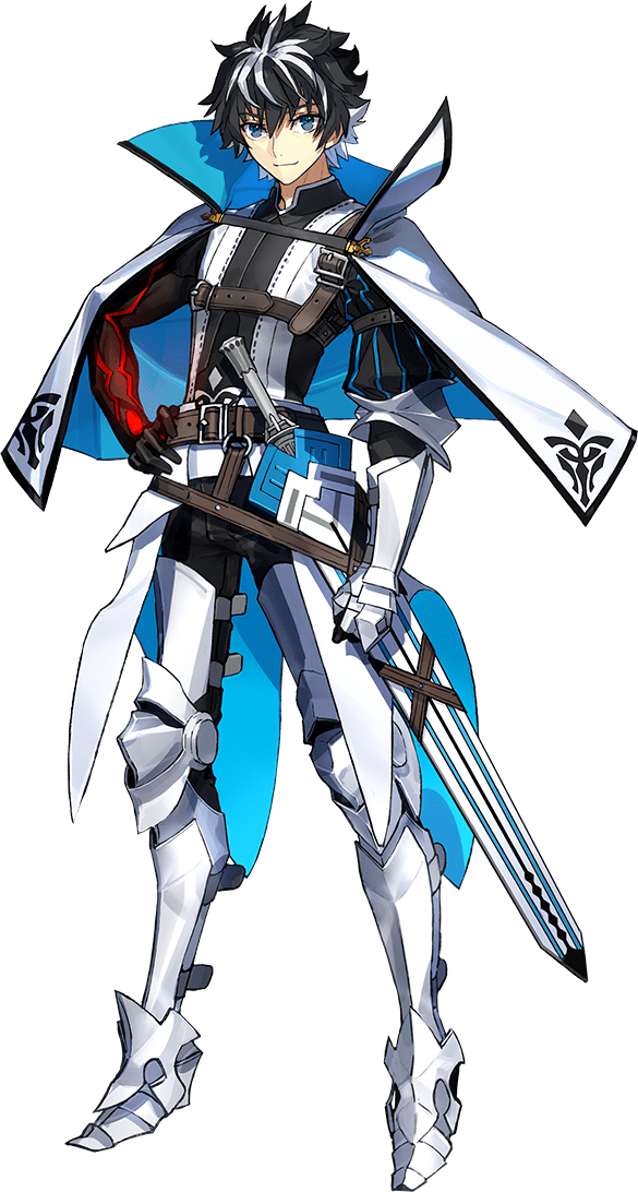 1boy armor armored_boots belt black_hair black_skin blue_cloak blue_eyes boots cape capelet charlemagne_(fate) charlemagne_(first_ascension)_(fate) cloak colored_skin company_name copyright_name fate/extella fate/extella_link fate/extra fate/grand_order fate_(series) full_body game_cg gauntlets glowing glowing_arm greaves hair_between_eyes hand_on_own_hip high_collar looking_at_viewer male_focus multicolored_hair official_art scabbard sheath sheathed simple_background single_vambrace smile solo streaked_hair sword tachi-e transparent_background two-sided_cape two-sided_fabric two-tone_hair vambraces wada_arco weapon white_background white_cape white_capelet white_cloak white_hair