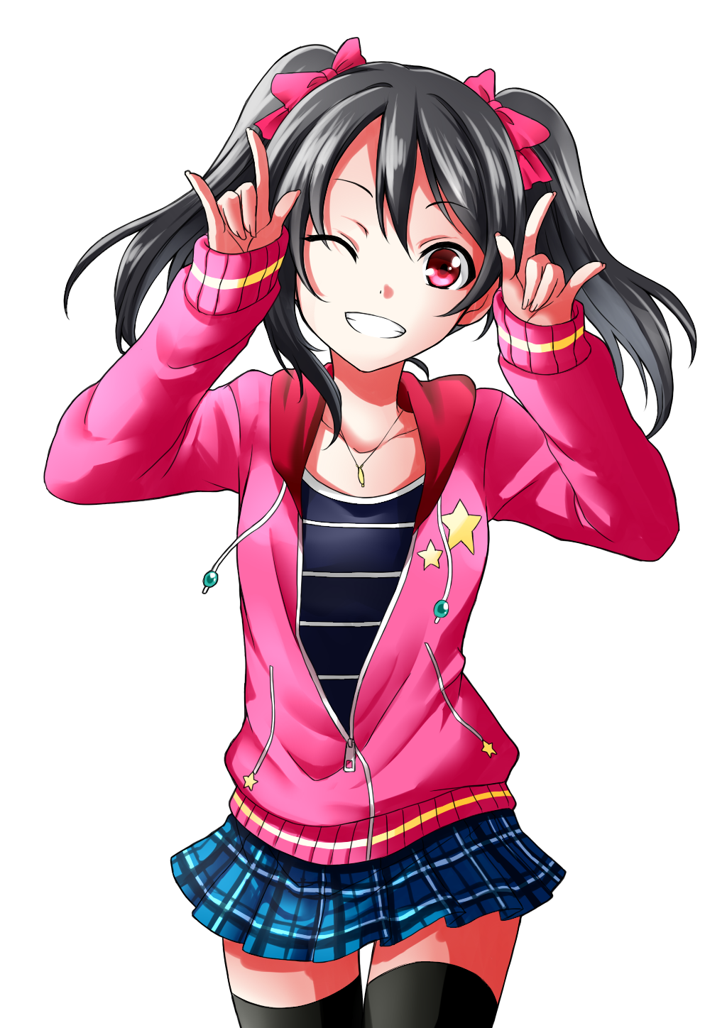 10s 1girl black_hair black_thighhighs bow double_m/ female_focus grin hair_bow highres hood hood_down hoodie jewelry kaikai long_sleeves love_live! love_live!_school_idol_festival love_live!_school_idol_project m/ nico_nico_nii one_eye_closed pendant plaid_clothes plaid_skirt pleated_skirt red_eyes simple_background skirt smile solo star_(symbol) striped thighhighs twintails white_background yazawa_nico zettai_ryouiki zipper