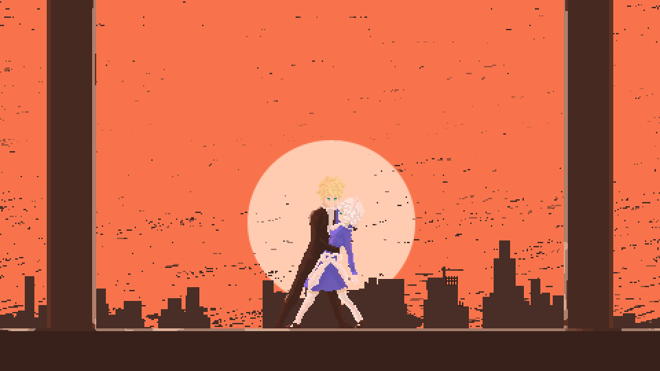 1boy 1girl black_clouds city closed_eyes couple formal_clothes height_difference hetero holding izayoi_sakuya maid maid_headdress original pixel_art simple_background smoke suit sunset thighhighs touhou wolfeite zettai_ryouiki