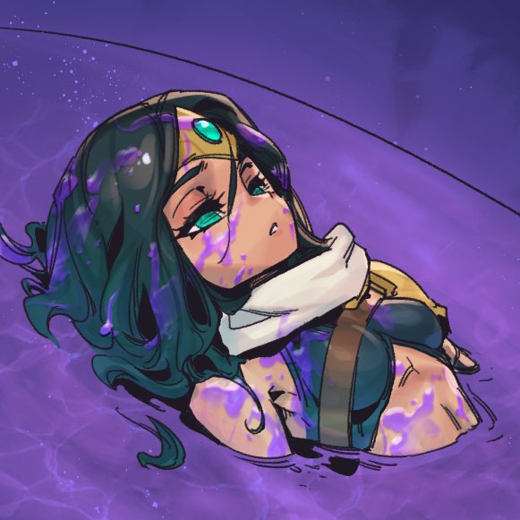 1girl bare_shoulders black_hair breasts death forehead_protector gem green_eyes grimace_shake_(meme) hair_between_eyes in_water league_of_legends long_hair looking_up lying medium_breasts meme on_back phantom_ix_row scarf sivir solo white_scarf