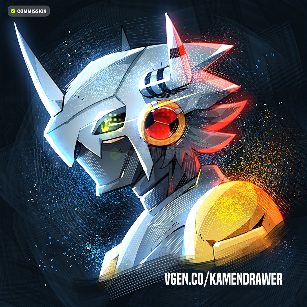 1boy ashmish black_hair commission cosplay digimon eye_trail from_side glowing glowing_eyes green_eyes helmet horns light_trail male_focus mask mega_man_(series) mega_man_battle_network_(series) megaman.exe mouth_mask profile slit_pupils solo upper_body vgen_commission wargreymon wargreymon_(cosplay)