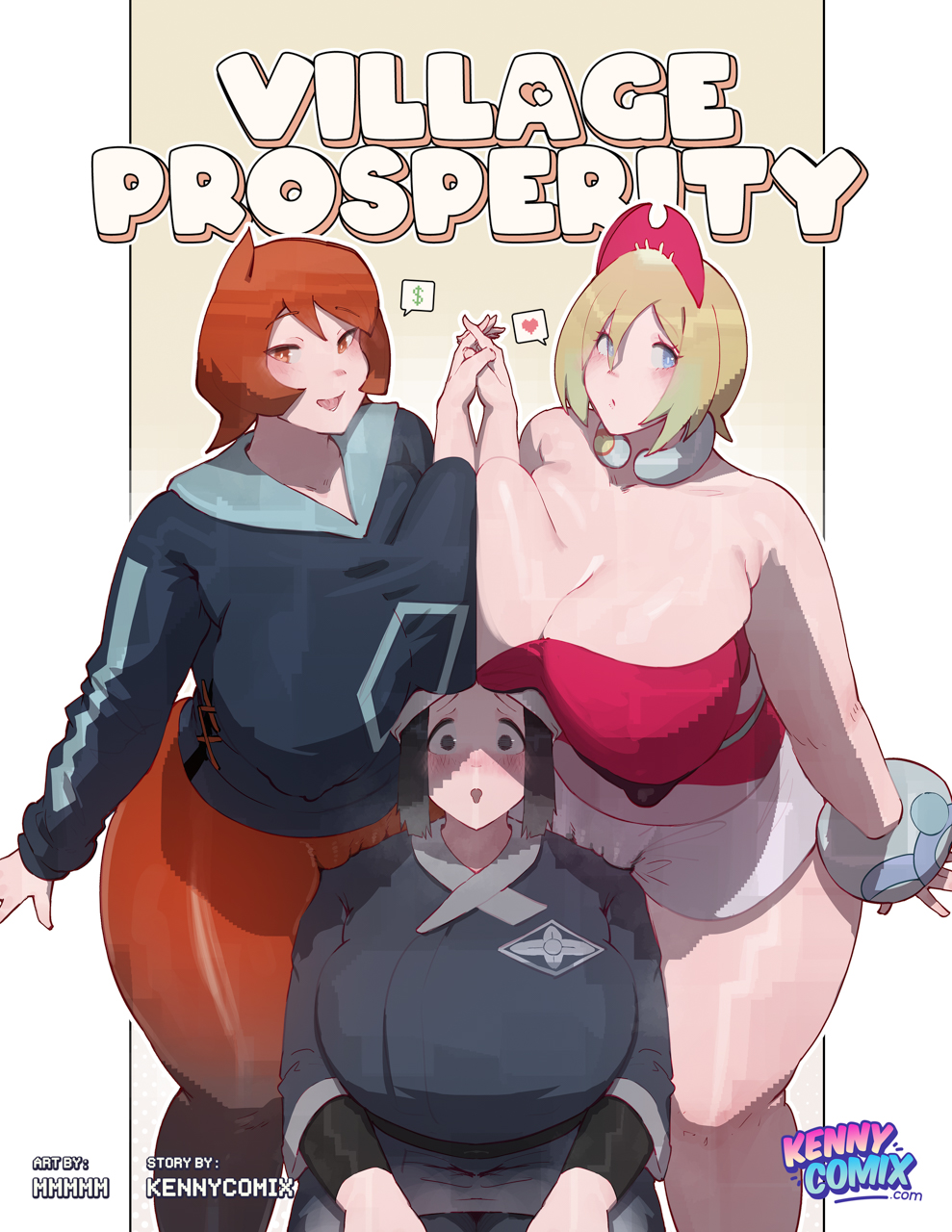 3girls akari_(pokemon) arezu_(pokemon) artist_name black_eyes black_hair blonde_hair blue_eyes breasts brown_eyes brown_hair cleavage comic_cover diamond_clan_outfit english_text galaxy_expedition_team_survey_corps_uniform highres huge_breasts irida_(pokemon) kennycomix mmmmmkun multiple_girls nintendo pantyhose pink_shirt pokemon pokemon_legends:_arceus red_pantyhose shirt short_hair strapless strapless_shirt