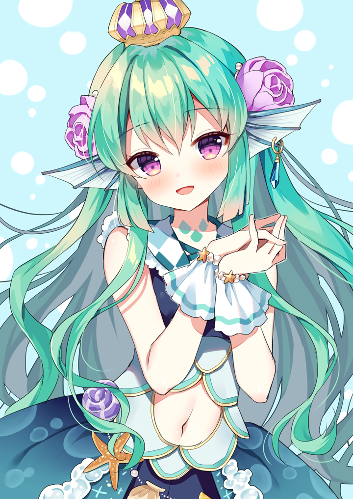 1girl :d bare_shoulders blue_background blue_dress blush clothing_cutout commentary crown dress fin_piercing finana_ryugu finana_ryugu_(1st_costume) fins fish_girl flower green_hair hair_between_eyes hair_flower hair_ornament hands_up head_fins head_tilt long_hair mauve mini_crown navel navel_cutout nijisanji nijisanji_en open_mouth own_hands_together pink_flower pink_rose purple_eyes rose sleeveless sleeveless_dress smile solo very_long_hair virtual_youtuber wrist_cuffs